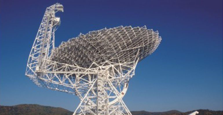 A giant satellite tower at the National Radio Observatory in West Virginia.