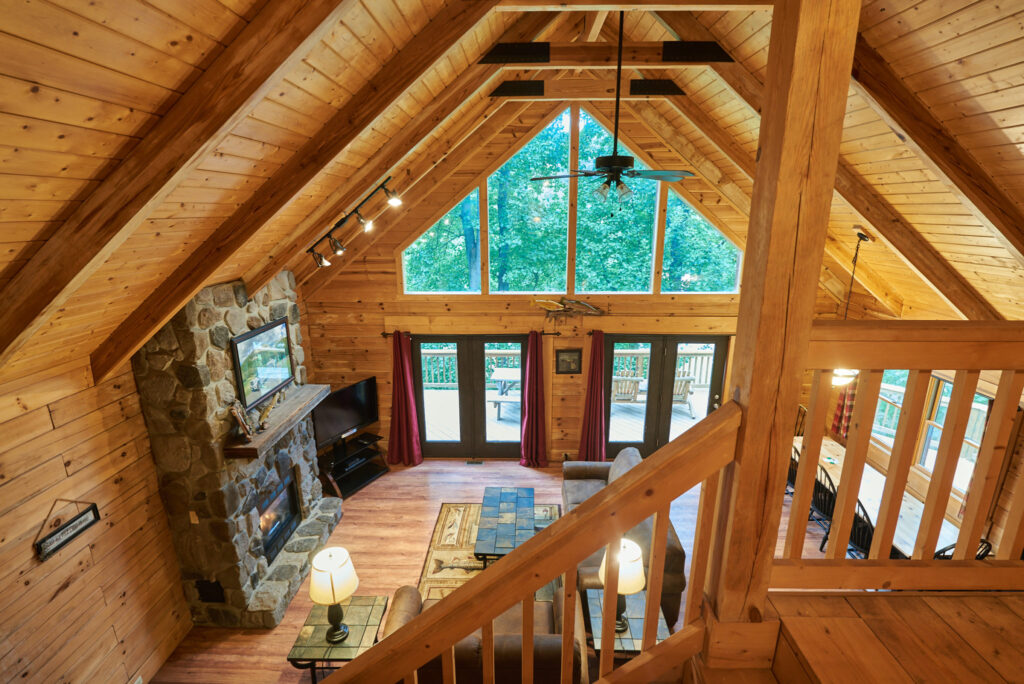 Living area of a four bedroom log cabin in West Virginia at Harman's Log Cabins.