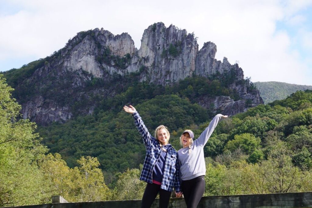 Hikers at Seneca Rocks in West Virginia.
