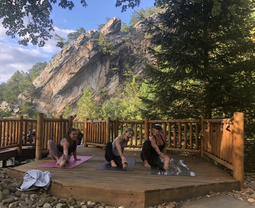 Outdoor yoga sessions at Harman's Log Cabins in West Virginia.